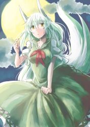 Rule 34 | 1girl, breasts, claws, cleavage, cloud, dress, ex-keine, full moon, green dress, green hair, horns, kamishirasawa keine, kitsune maru, large breasts, looking at viewer, moon, multicolored hair, open mouth, puffy short sleeves, puffy sleeves, sharp nails, short sleeves, solo, tail, touhou, white hair, yellow eyes