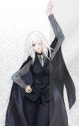 Rule 34 | 1girl, a2 (nier:automata), absurdres, arm up, black jacket, blazer, blue eyes, breasts, collared shirt, formal, grey shirt, hair between eyes, hair over one eye, hand on own hip, helen (helen2210hk), highres, jacket, jacket on shoulders, large breasts, long hair, looking at viewer, necktie, nier:automata, nier (series), shirt, solo, suit, swept bangs, white hair