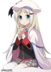 Rule 34 | 1girl, bat hair ornament, beret, black jacket, blue eyes, blush, cape, closed mouth, commentary request, grey hair, grey skirt, hair ornament, hands up, hat, highres, interlocked fingers, jacket, little busters!, little busters! school uniform, long hair, long sleeves, looking at viewer, miniskirt, noumi kudryavka, own hands together, parted bangs, plaid, plaid skirt, sai (aysityan), school uniform, simple background, sitting, skirt, smile, solo, straight hair, thighhighs, twitter username, very long hair, wariza, white background, white cape, white hat, white thighhighs, zettai ryouiki