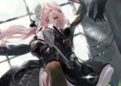 Rule 34 | 1girl, assault rifle, aug (girls&#039; frontline), black dress, black gloves, blood, blurry, brown thighhighs, bullpup, commentary request, day, depth of field, dress, floating hair, flower, girls&#039; frontline, gloves, gun, hair flower, hair ornament, hairclip, highres, holding, holding gun, holding weapon, indoors, jacket, light particles, long hair, looking at viewer, mole, mole under eye, pink hair, ribbon, rifle, sidelocks, solo, steyr aug, suppressor, thighhighs, vardan, weapon, wind, wind lift, window, yellow eyes