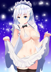 Rule 34 | 1girl, absurdres, azur lane, belfast (azur lane), black thighhighs, blue eyes, bow, bowtie, braid, breasts, cat lingerie, cleavage, cowboy shot, detached collar, detached sleeves, highres, large breasts, long hair, looking at viewer, maid, maid headdress, meme attire, micro bra, navel, pleated skirt, short sleeves, side braid, skirt, skirt hold, solo, starfallx, thighhighs, underwear, w arms, white hair, zettai ryouiki