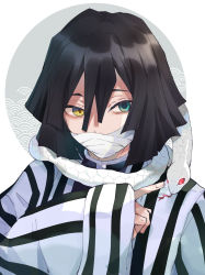Rule 34 | animal, bandage on face, bandages, commentary request, fingernails, green eyes, hair between eyes, heterochromia, highres, kayanogura, kimetsu no yaiba, long sleeves, male focus, red eyes, sleeves past wrists, snake, solo, striped, upper body, vertical stripes, white background, white snake, wide sleeves, yellow eyes