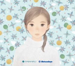 Rule 34 | 1girl, blue background, blue flower, brown eyes, brown hair, floral background, flower, food, fruit, hair behind ear, highres, lemon, lime (fruit), long hair, looking at viewer, matayoshi, mistletoe, original, parted lips, patterned background, ponytail, realistic, solo, sweater, turtleneck, turtleneck sweater, upper body, white sweater