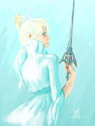 Rule 34 | 1girl, blue eyes, capelet, from behind, highres, long hair, ponytail, rapier, roman imperial, rwby, solo, sword, weapon, weiss schnee, white hair, wide sleeves
