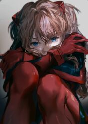 Rule 34 | 1girl, absurdres, blue eyes, bodysuit, brown hair, covered mouth, crossed arms, expressionless, feet out of frame, fetal position, gradient background, grey background, hair intakes, highres, interface headset, knees up, long hair, looking at viewer, neon genesis evangelion, plugsuit, qing yan xia, red bodysuit, simple background, sitting, solo, souryuu asuka langley, two side up
