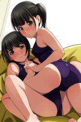 Rule 34 | 2girls, absurdres, ass, barefoot, black hair, blush, breasts, brown eyes, highres, holding hands, interlocked fingers, looking at viewer, matsunaga kouyou, multiple girls, one-piece swimsuit, original, parted lips, ponytail, purple one-piece swimsuit, short hair, small breasts, swimsuit, thighs