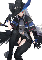 Rule 34 | 1girl, arknights, arm cuffs, ascot, belt, black ascot, black cloak, black gloves, black hat, black pants, black shirt, boots, bracelet, breasts, claymore (sword), cloak, closed mouth, clothing cutout, expressionless, gloves, hair between eyes, hat, highres, jewelry, knee up, long hair, looking at viewer, medium breasts, one eye covered, pants, red eyes, shirt, sideways glance, silver hair, simple background, sitting, skadi (arknights), solo, thigh cutout, thigh strap, thighs, very long hair, wasabi60, weapon, white background