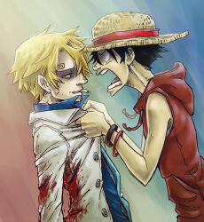 Rule 34 | 2boys, angry, black hair, blonde hair, blood, blood on clothes, cigarette, curly eyebrows, facial scar, grabbing, hat, holding, holding clothes, looking at another, male focus, monkey d. luffy, multiple boys, one piece, open mouth, sanji (one piece), scar, scar on cheek, scar on face, screaming, short hair, straw hat, syb