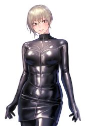 Rule 34 | 1girl, blonde hair, blush, bodysuit, breasts, dress, glasses, gloves, grey eyes, highres, kilye kairi, latex, latex bodysuit, latex dress, latex gloves, looking at viewer, medium breasts, original, shiny clothes, short hair, simple background, skin tight, smile, solo, white background