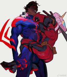 Rule 34 | 2boys, arm blade, ass, backpack, bag, belt, belt pouch, black footwear, black gloves, blue bodysuit, bodysuit, boots, brown hair, chinese commentary, claws, dark-skinned male, dark skin, deadpool, deadpool (series), face to pecs, fangs, gloves, glowing, glowing eyes, hair slicked back, highres, hug, leg lock, male focus, marvel, multiple boys, muscular, muscular male, pectoral pillow, pectorals, pink bag, pouch, realsilentsheep, red eyes, shaded face, simple background, solid eyes, spider-man: across the spider-verse, spider-man (2099), spider-man (series), spider-verse, standing leg lock, sword, thigh strap, unicorn, weapon, weapon on back, weibo logo, weibo username, white background