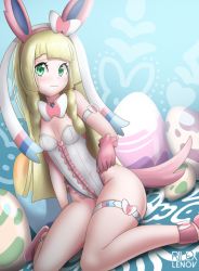 Rule 34 | 1girl, alternate costume, animal ears, artist name, blonde hair, blue background, blunt bangs, blush, braid, breasts, cosplay, creatures (company), detached collar, dutch angle, easter, easter egg, egg, fake animal ears, female focus, game freak, gen 6 pokemon, gloves, green eyes, hairband, hand up, highleg, highleg leotard, leotard, lillie (pokemon), long hair, looking at viewer, nintendo, pink footwear, pink gloves, playboy bunny, pokemon, pokemon sm, rabbit ears, rilex lenov, shoes, shy, sitting, skindentation, small breasts, solo, sylveon, sylveon (cosplay), thigh strap, twin braids, wariza, watermark, white leotard