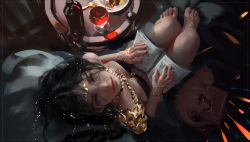 Rule 34 | 1girl, anklet, bare shoulders, barefoot, barefoot sandals (jewelry), black hair, book, bottle, bracelet, breasts, chain, cleavage, cup, drinking glass, earrings, fork, from above, ghostblade, gold, gold chain, green eyes, head chain, highres, jewelry, lips, looking up, magatama, magatama earrings, monocle, necklace, open book, plate, princess aeolian, reading, red lips, table, wine glass, wlop