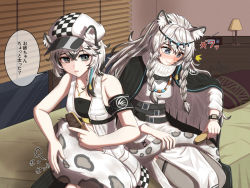 Rule 34 | 2girls, ^^^, animal ear fluff, animal ears, arknights, armband, bandeau, bare shoulders, bead necklace, beads, belt, black bandeau, black belt, black cape, black gloves, black hair, blush, braid, breasts, cabbie hat, cape, checkered clothes, checkered headwear, cliffheart (arknights), closed mouth, collarbone, commentary request, cowboy shot, dress, gloves, grey eyes, grey legwear, hair between eyes, hat, head chain, holding, holding brush, holding tail, indoors, jewelry, lamp, leopard ears, leopard girl, leopard tail, long hair, long sleeves, midriff, multicolored hair, multiple girls, necklace, nose blush, on bed, parted lips, pillow, pramanix (arknights), radio, shironekoban, short hair, siblings, side braids, sidelocks, silver hair, sisters, sitting, sleeveless duster, small breasts, streaked hair, sweat, tail, brushing tail, thighhighs, translation request, turtleneck, turtleneck dress, twin braids, two-tone hair, underbust, very long hair, watch, white dress, window shadow, wristwatch