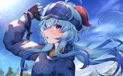 Rule 34 | 1girl, ahoge, black gloves, blue hair, blue sky, blush, ganyu (genshin impact), ganyu (winter olympics) (genshin impact), genshin impact, gloves, goggles, goggles on head, highres, horns, long hair, looking at viewer, low ponytail, om rm1101, open mouth, outdoors, purple eyes, sidelocks, ski goggles, skis, sky, solo, tree, upper body, winter clothes