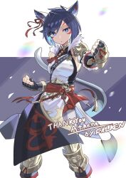 Rule 34 | 1girl, animal ears, armor, artist name, athena (trentgear), blue background, blue hair, bob cut, breasts, cat ears, cat tail, clenched hands, contrapposto, english text, facial mark, falken (yutozin), feet out of frame, final fantasy, final fantasy xiv, fingerless gloves, floating clothes, fur trim, gloves, highres, light particles, looking at viewer, medium breasts, medium hair, parted lips, red sash, sash, shoulder armor, single bare shoulder, single shoulder pad, tail, thank you, two-tone background, vambraces, warrior of light (ff14), white background