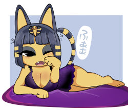 Rule 34 | 1girl, animal crossing, ankha (animal crossing), barefoot, blue background, blue hair, blush, border, breasts, bubble, cleavage, fang, furry, furry female, highres, japanese text, large breasts, lying, nightgown, nintendo, on side, one eye closed, onibifazk, open mouth, pillow, rubbing eyes, short hair, solo, waking up, white border