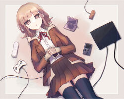 Rule 34 | 1girl, :o, black thighhighs, blunt bangs, brown eyes, brown hair, brown jacket, brown skirt, collared shirt, commentary request, controller, danganronpa (series), danganronpa 3 (anime), dress shirt, from above, galaga, game boy, game boy (original), game console, game controller, glasses, hair ornament, handheld game console, highres, hope&#039;s peak academy school uniform, inase (inasenanaki), jacket, long sleeves, looking at viewer, lying, medium hair, miniskirt, nanami chiaki, neck ribbon, nintendo ds, on back, open clothes, open mouth, own hands together, pleated skirt, red ribbon, ribbon, school uniform, shirt, simple background, skirt, solo, spaceship hair ornament, thighhighs, white shirt, wii remote, zettai ryouiki