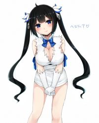 Rule 34 | 10s, 1girl, black hair, blue eyes, blush, bow, breasts, cleavage, cleavage cutout, clothing cutout, dress, dungeon ni deai wo motomeru no wa machigatteiru darou ka, female focus, gloves, hair ornament, hair ribbon, hestia (danmachi), highres, large breasts, leaning forward, long hair, looking at viewer, nemuaki, own hands together, rei no himo, ribbon, smile, solo, twintails, very long hair, white background, white dress, white gloves