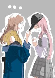 2girls adjusting_clothes adjusting_headwear bang_dream! bang_dream!_it&#039;s_mygo!!!!! baseball_cap black_hat blue_jacket braid chihaya_anon closed_eyes dress fang grey_dress grey_eyes hat highres hood hood_down hoodie jacket kushima_yu long_hair multiple_girls nagasaki_soyo open_mouth pinafore_dress pink_hair plaid_clothes plaid_dress side_braid sleeveless sleeveless_dress sweatdrop yellow_hoodie