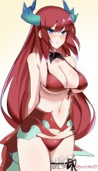 Rule 34 | 1girl, absurdres, bikini, blue eyes, blush, breasts, cleavage, detached collar, dragon girl, dragon horns, dragon tail, duel monster, highres, horns, kitchen dragonmaid, long hair, looking at viewer, low wings, midriff, navel, red bikini, red hair, signature, solo, swimsuit, synchroman, tail, very long hair, wings, yu-gi-oh!