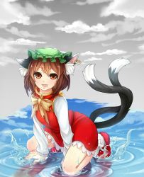 Rule 34 | 1girl, animal ears, brown hair, cat ears, cat tail, chen, cloud, earrings, hat, ibaraki natou, jewelry, kneeling, looking at viewer, multiple tails, nekomata, orange eyes, ribbon, shoes, short hair, solo, splashing, tail, tongue, tongue out, touhou, two tails, water