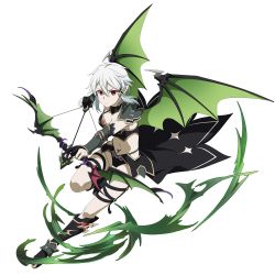 Rule 34 | 1girl, alternate color, alternate eye color, alternate hair color, armor, arrow (projectile), bikini armor, black cape, black footwear, black gloves, black panties, boots, bow (weapon), breasts, cape, choker, cleavage, demon wings, frown, full body, gloves, green wings, hair between eyes, hair ornament, highres, holding, holding arrow, holding bow (weapon), holding weapon, knee boots, leg up, looking at viewer, medium breasts, midriff, navel, official art, panties, pointy ears, red eyes, short hair, silver hair, simple background, sinon, solo, stomach, sword art online, thigh strap, underwear, waist cape, weapon, white background, wings