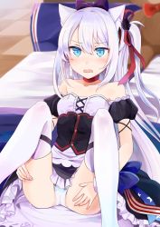Rule 34 | 1girl, animal ears, azur lane, bare shoulders, black skirt, blue eyes, blurry, blurry background, blush, bow, breasts, checkered floor, choker, collarbone, commentary request, corset, detached sleeves, frills, hair between eyes, hair bow, hair ribbon, hammann (azur lane), knees up, long hair, looking at viewer, on bed, one side up, open mouth, panties, puffy detached sleeves, puffy sleeves, red neckwear, ribbon, sitting, skirt, small breasts, solo, stuffed animal, stuffed toy, teddy bear, thighhighs, thighs, underwear, white hair, white panties, white thighhighs, yuna (yukiyuna)