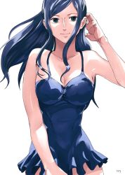 Rule 34 | 1girl, adjusting hair, arm up, armpits, bare shoulders, black eyes, blue hair, breasts, cleavage, highres, large breasts, long hair, looking at viewer, nico robin, no bra, one piece, solo, ufkqz, ufkqz (artist), white background