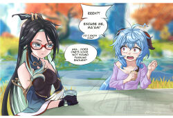 Rule 34 | 2girls, ahoge, bare shoulders, black gloves, black hair, blue hair, blurry, blurry background, breasts, cloud retainer (genshin impact), colored inner hair, commentary, cup, detached sleeves, english commentary, ganyu (genshin impact), genshin impact, glasses, gloves, green hair, highres, holding, holding cup, humanization, long hair, long sleeves, luizhtx, medium breasts, messy hair, multicolored hair, multiple girls, open mouth, outdoors, purple eyes, purple shirt, red-framed eyewear, shirt, single bare shoulder, speech bubble, very long hair, xianyun (genshin impact)