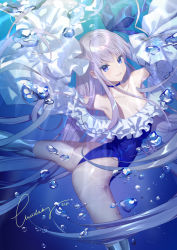 Rule 34 | 1girl, air bubble, armor, ass, bare shoulders, blue eyes, blue ribbon, blush, breasts, bubble, choker, closed mouth, collarbone, fate/grand order, fate (series), frills, greaves, hair ribbon, highleg, highleg swimsuit, highres, long hair, long sleeves, looking at viewer, lucidsky, meltryllis, meltryllis (fate), meltryllis (swimsuit lancer) (fate), meltryllis (swimsuit lancer) (second ascension) (fate), off-shoulder one-piece swimsuit, off shoulder, one-piece swimsuit, prosthesis, prosthetic leg, puffy sleeves, purple hair, ribbon, sleeves past fingers, sleeves past wrists, small breasts, smile, swimming, swimsuit, thighs, underwater, very long hair, white ribbon