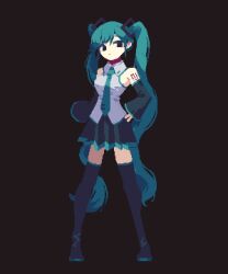 Rule 34 | 1girl, 4qw5, aqua hair, aqua necktie, black background, black eyes, black footwear, black skirt, boots, closed mouth, collared shirt, detached sleeves, full body, hand on own hip, hatsune miku, highres, long hair, looking at viewer, necktie, number tattoo, pixel art, shirt, simple background, skirt, solo, standing, tattoo, thigh boots, twintails, very long hair, vocaloid, white shirt