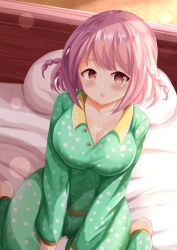 Rule 34 | 1girl, barefoot, bed, blush, braid, breasts, brown eyes, chestnut mouth, cleavage, collarbone, commentary request, green pajamas, green pants, green shirt, highres, hoshizaki akari, large breasts, long sleeves, looking at viewer, on bed, ongeki, pajamas, pants, parted lips, pillow, pink hair, polka dot, polka dot pajamas, polka dot pants, polka dot shirt, shirt, sitting, solo, twin braids, wariza, xenon (for achieve)