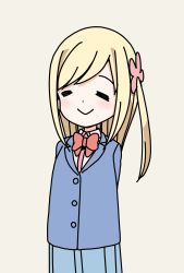 Rule 34 | 1girl, alternate hair color, arms behind back, blazer, blonde hair, blue jacket, blue skirt, blush, bow, bowtie, buttons, closed eyes, closed mouth, collared shirt, commentary request, dot nose, facing viewer, flower, grey background, hair flower, hair ornament, happy, highres, hitori bocchi, hitoribocchi no marumaru seikatsu, jacket, katsuwo (cr66g), long hair, one side up, pink flower, pleated skirt, red bow, red bowtie, school uniform, shirt, sidelocks, simple background, skirt, solo, standing, white shirt