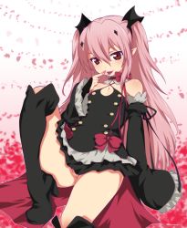 Rule 34 | 10s, 1girl, bare shoulders, black dress, blood, boots, detached collar, detached sleeves, dress, fang, flat chest, highres, krul tepes, long hair, looking at viewer, mudou eichi, no panties, owari no seraph, pink hair, pointy ears, red eyes, ribbon, slit pupils, smile, solo, thigh boots, thighhighs, tongue, tongue out, vampire, very long hair