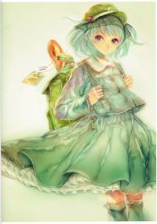 Rule 34 | 1girl, absurdres, animal, backpack, bag, bird, blue eyes, blue hair, boots, bread, food, french text, frilled skirt, frills, hair bobbles, hair ornament, hat, highres, kawashiro nitori, key, long sleeves, looking at viewer, matching hair/eyes, rubber boots, scan, shirt, short hair, simple background, skirt, skirt set, smile, solo, touhou, twintails, two side up, vest, yogisya