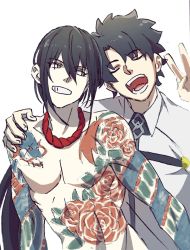 Rule 34 | 2boys, :d, black hair, commentary request, closed eyes, fate/grand order, fate (series), fujimaru ritsuka (male), green eyes, grin, hand on another&#039;s shoulder, hand up, highres, jewelry, long hair, looking at another, male focus, mi (pic52pic), multiple boys, necklace, open mouth, topless male, smile, tattoo, v, wing collar, yan qing (fate)