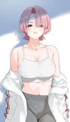 Rule 34 | 1girl, arimura mao, armpit crease, bare shoulders, blue eyes, blush, breasts, cleavage, collarbone, commentary, cowboy shot, gakuen idolmaster, grey pants, highres, idolmaster, jacket, large breasts, looking at viewer, midriff, navel, nonbire, off shoulder, pants, pink hair, shadow, short hair, smile, solo, sports bra, white jacket, white sports bra