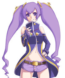 Rule 34 | 1girl, ar tonelico, ar tonelico iii, bare shoulders, cocona vatel, elbow gloves, female focus, fingerless gloves, gloves, gust, hair ornament, jewelry, jiji (wander plug), long hair, midriff, navel, necklace, pendant, purple eyes, purple hair, shorts, simple background, smile, solo, twintails, white background