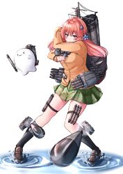 Rule 34 | .live, 1girl, absurdres, blush, full body, hair ornament, highres, kitakami futaba, looking at viewer, low twintails, medium hair, nyan (reinyan 007), pink eyes, pink hair, school uniform, simple background, thigh strap, torpedo, torpedo launcher, twintails, virtual youtuber, water, white background