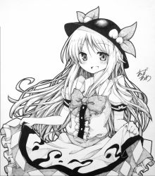 Rule 34 | 1girl, anzu ame, blush, bow, dress, female focus, food, fruit, graphite (medium), greyscale, hat, highres, hinanawi tenshi, long hair, looking at viewer, millipen (medium), monochrome, open mouth, peach, shikishi, signature, sketch, smile, solo, touhou, traditional media, upper body, very long hair