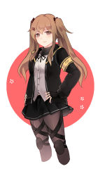 Rule 34 | 1girl, black gloves, black jacket, black pantyhose, black skirt, bow, breasts, brown eyes, brown hair, closed mouth, fingerless gloves, girls&#039; frontline, gloves, hair bow, hair ornament, hairclip, hands on own hips, jacket, lishu jun, long hair, looking at viewer, neck ribbon, open clothes, open jacket, pantyhose, ribbon, scar, scar across eye, scar on face, shirt, simple background, skirt, small breasts, solo, twintails, ump9 (girls&#039; frontline), white shirt