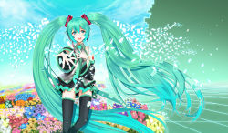 Rule 34 | 1girl, :d, aqua eyes, aqua hair, detached sleeves, digital dissolve, field, flower, flower field, hand on own chest, hatsune miku, headset, highres, long hair, looking at viewer, necktie, open mouth, outstretched arm, smile, solo, thighhighs, tulip, twintails, very long hair, vocaloid, yuunagi (seventh heaven), zettai ryouiki