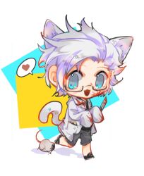 Rule 34 | 1boy, :3, animal ears, black footwear, black shirt, blood, blood on clothes, blood on face, bloody weapon, blue eyes, cat boy, cat ears, cat tail, chibi, chinese commentary, commentary request, fang, glasses, grey shorts, heart, holding, holding scalpel, kanou aogu, kemonomimi mode, lab coat, male focus, mouse (animal), open mouth, saibou shinkyoku, sanweizi, scalpel, shirt, short hair, shorts, skin fang, sleeves past fingers, sleeves past wrists, smile, solo, speech bubble, spoken heart, tail, walking, weapon, white hair