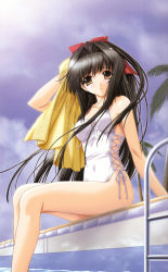 Rule 34 | 1girl, black hair, cloud, cross-laced clothes, cross-laced one-piece swimsuit, day, from below, highres, kimizuka aoi, long hair, looking at viewer, lost passage, one-piece swimsuit, orange eyes, outdoors, palm tree, parted lips, pool, pool ladder, poolside, ribbon, sitting, sky, smile, soaking feet, solo, swimsuit, towel, tree, usa mizuki, very long hair, water, white one-piece swimsuit