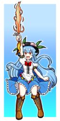Rule 34 | &gt;:d, 1girl, :d, absurdres, arm up, blue hair, blush, eruru (erl), fang, food, fruit, hat, highres, hinanawi tenshi, long hair, looking at viewer, open mouth, peach, red eyes, smile, solo, sword of hisou, touhou, v-shaped eyebrows, very long hair