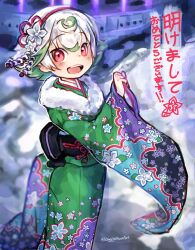Rule 34 | 1girl, :d, alternate costume, artist name, black kimono, black sash, blue kimono, blurry, blurry background, commentary request, feet out of frame, flipped hair, floral print, flower, flower knot, fur-trimmed kimono, fur trim, green hair, green kimono, hair flower, hair ornament, hair ribbon, hand up, happy new year, highres, japanese clothes, kanzashi, kimono, kingjoshua, long sleeves, looking at viewer, looking to the side, made in abyss, medium hair, multicolored clothes, multicolored hair, multicolored kimono, new year, obi, obijime, open mouth, prushka, purple kimono, red eyes, red ribbon, ribbon, sash, smile, solo, streaked hair, teeth, translation request, twitter username, upper teeth only, white flower, white hair, wide sleeves