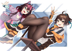Rule 34 | 2girls, adjusting clothes, adjusting gloves, animal ear hairband, animal ears, black legwear, blonde hair, brown hair, cat ear hairband, cat ears, chair, cleavage cutout, clothing cutout, collar, dusk diver, fake animal ears, fang, fang out, fingerless gloves, gloves, green eyes, hairband, highres, jacket, multiple girls, nebusoku, nemea, official art, open mouth, pantyhose, ponytail, purple hair, shoes, short hair, shorts, yang yumo