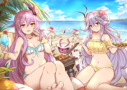 Rule 34 | 2girls, ball, bare shoulders, beach, beach volleyball, benares (honkai impact), bikini, bird, blue eyes, blue sky, breasts, cake, cloud, cooking, crossed bangs, cup, day, feather hair ornament, feathers, flower, food, frilled bikini, frills, front-tie bikini top, front-tie top, grill, grilling, hair between eyes, hair flower, hair ornament, highres, holding, holding cup, honkai (series), honkai impact 3rd, horizon, innertube, jewelry, kebab, light rays, long hair, looking at viewer, meat, medium breasts, monster, multiple girls, nail polish, navel, necklace, open mouth, outdoors, palm tree, playing sports, purple hair, sand, seagull, side-tie bikini bottom, sirin, sitting, skewer, sky, smile, swim ring, swimsuit, tree, very long hair, volleyball, volleyball (object), volleyball net, yellow bikini, yellow eyes, yellow nails, yougenko