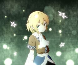 Rule 34 | 1girl, arm warmers, blonde hair, blush, cowboy shot, frown, green eyes, light particles, looking away, looking to the side, mizuhashi parsee, nekoze, pointy ears, sash, scarf, shirt, short hair, solo, touhou