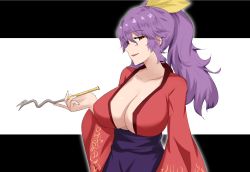 Rule 34 | 1girl, absurdres, breasts, cleavage, collarbone, commentary request, hair between eyes, hair ribbon, hand up, highres, holding, holding smoking pipe, kiseru, komakusa sannyo, large breasts, letterboxed, long hair, long sleeves, looking at viewer, outline, parted lips, pink eyes, ponytail, profile, purple hair, red robe, ribbon, robe, simple background, smile, smoking pipe, solo, touhou, upper body, white background, white outline, wide sleeves, wuwusan, yellow ribbon